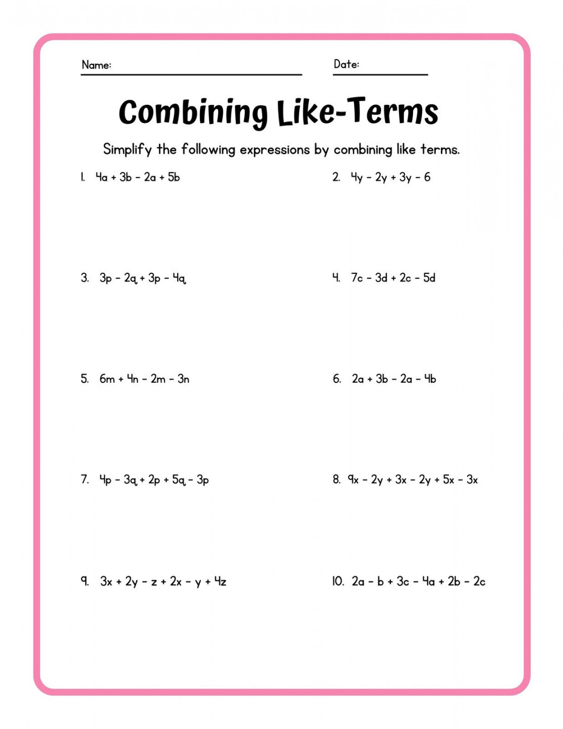 Free custom combining like terms worksheet templates  Canva