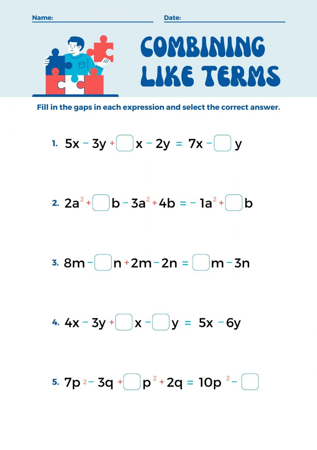 Free custom combining like terms worksheet templates  Canva