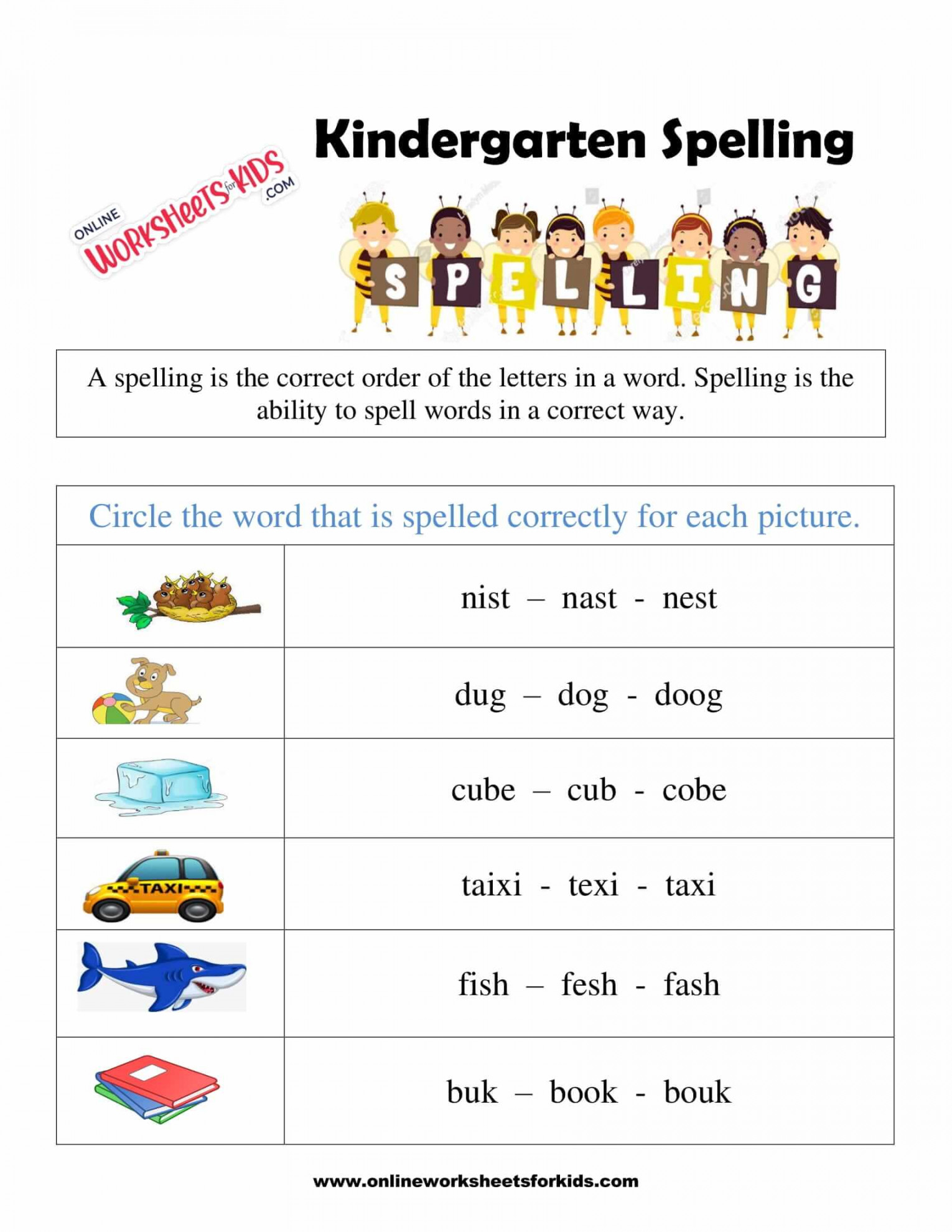 Free Kindergarten Spelling Worksheets and Printable for Kids