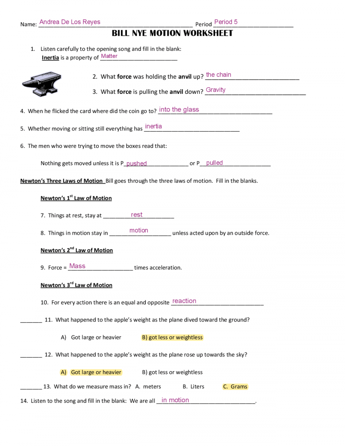 Free Printable Bill Nye Motion Worksheets for Students