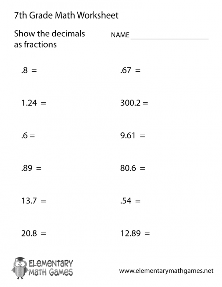 Free Printable Decimals Worksheet for Seventh Grade  th grade