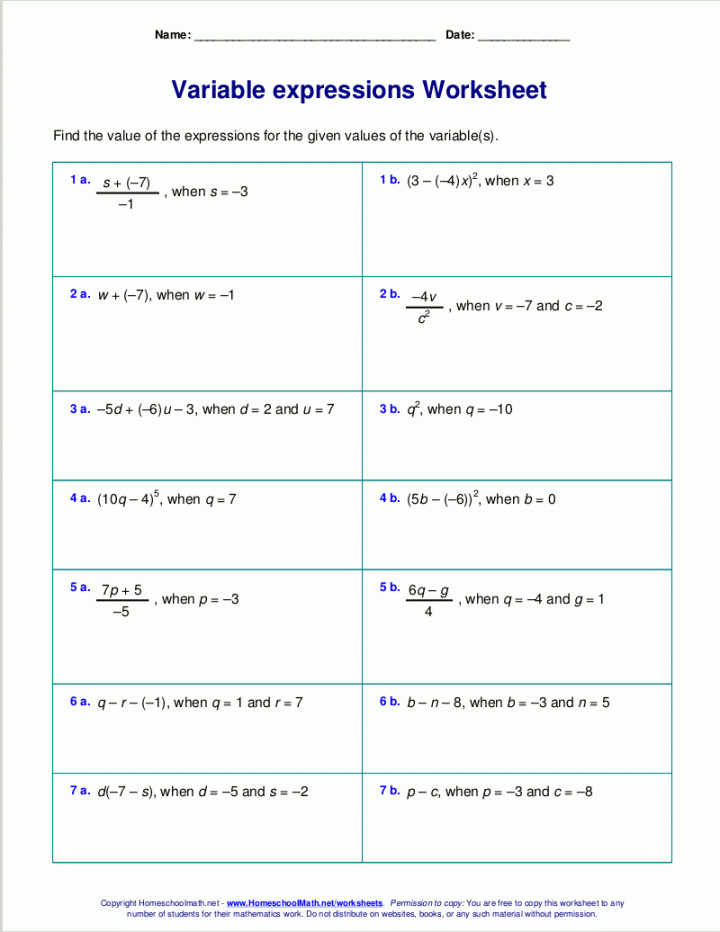 Free worksheets for evaluating expressions with variables; grades