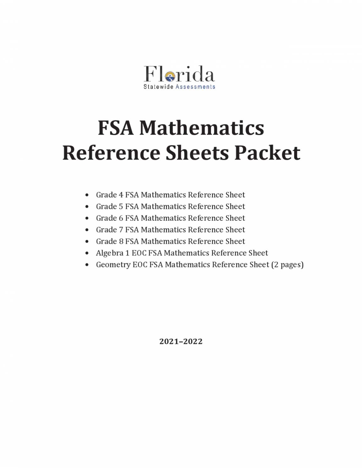 FSA Mathematics Reference Sheets Packet  Schemes and Mind Maps