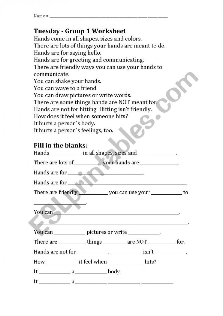 Hands Are Not For Hitting Levelled Worksheets - ESL worksheet by