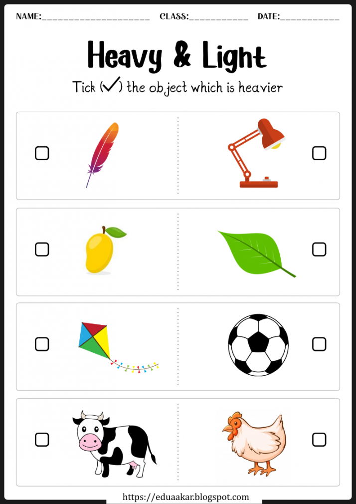 Heavy and Light worksheets for Preschool and Kindergarten kids