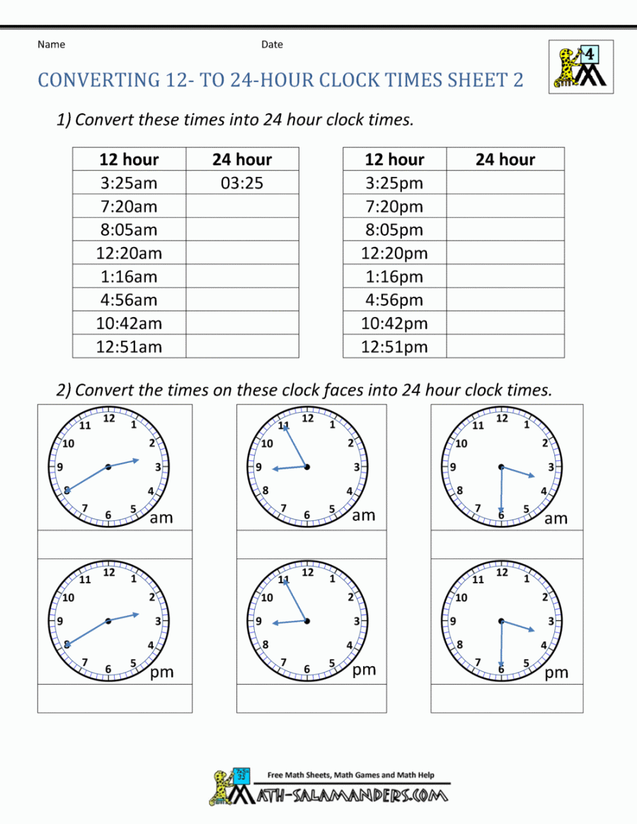 Hour Clock Conversion Worksheets