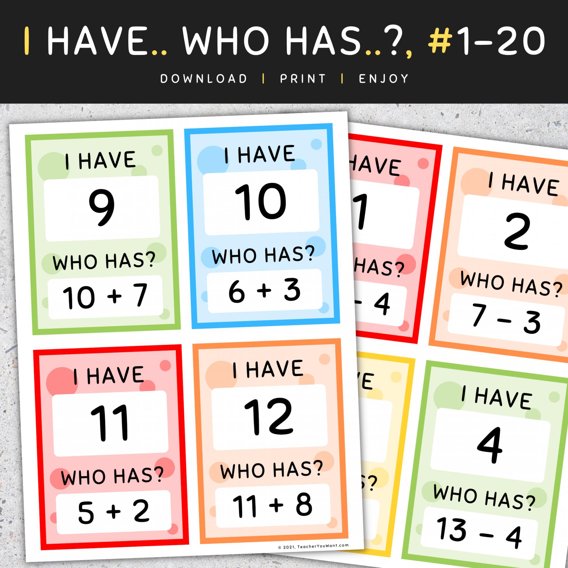 I Have Who Has: Addition & Subtraction to , Numbers -, Two