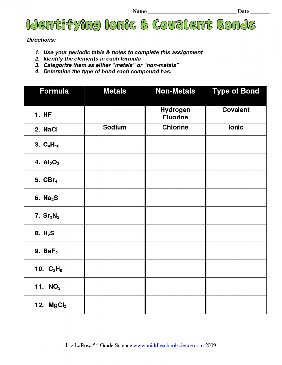 iGCSE identifying ionic + covalent bonds  Chemistry worksheets