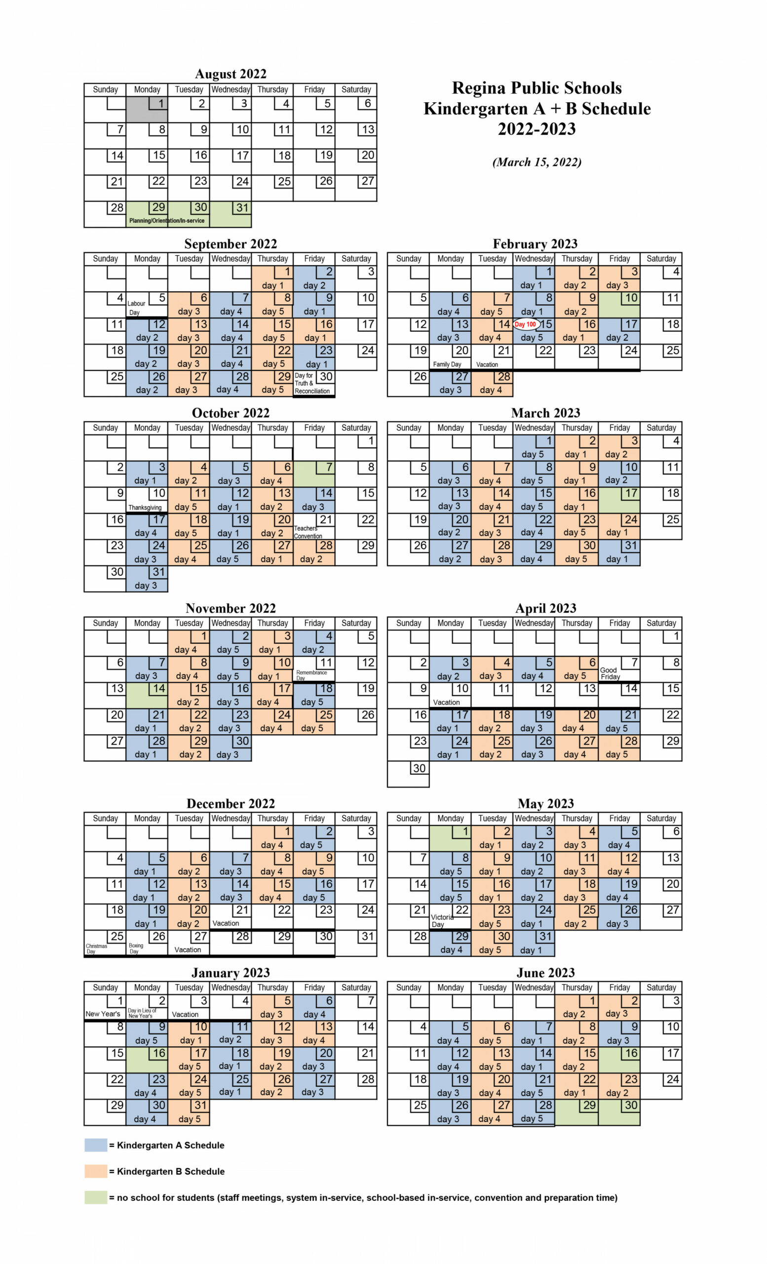 Kindergarten Calendar (A/B) -  Regina Public Schools