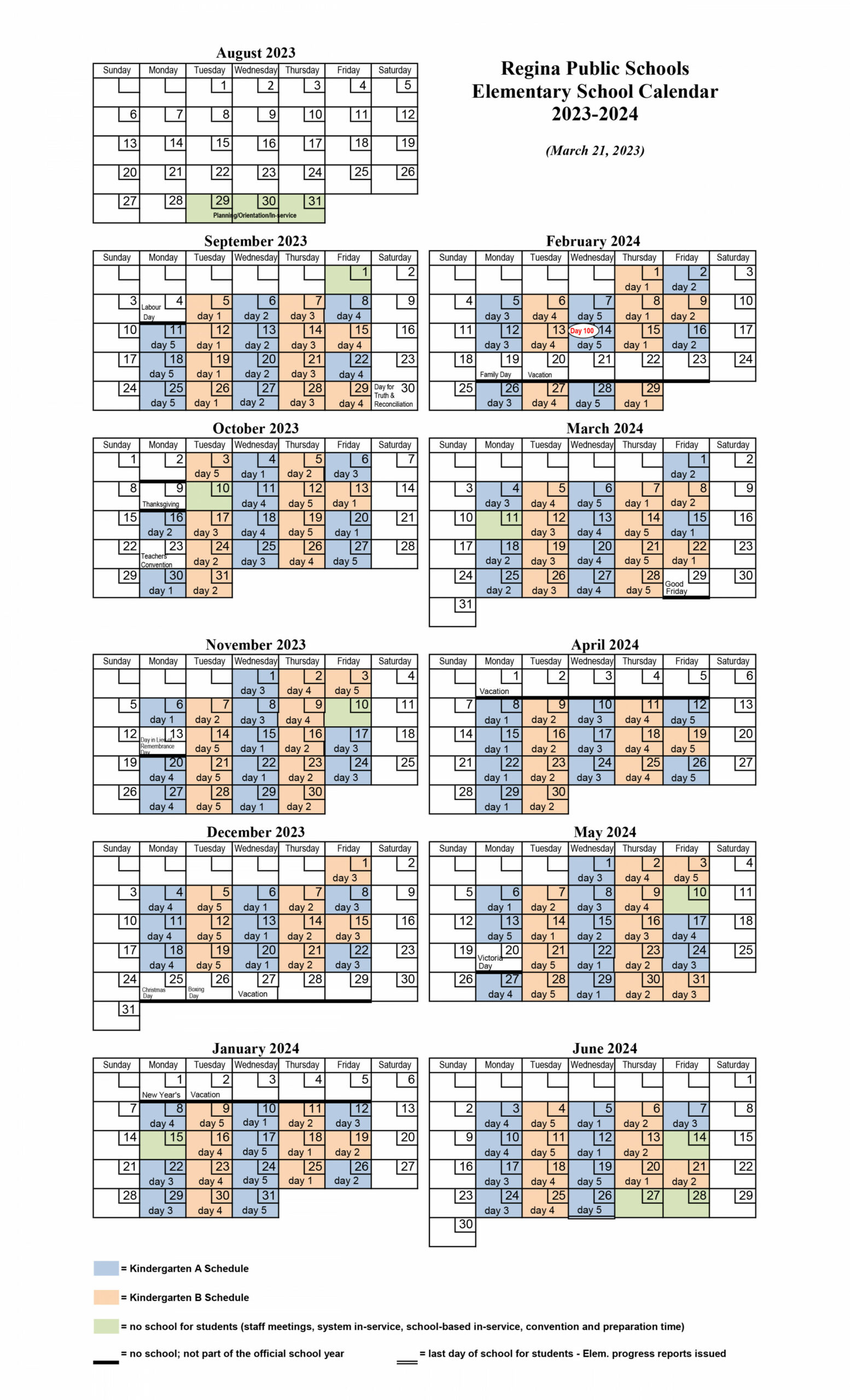 Kindergarten Calendar (A/B) -  Regina Public Schools