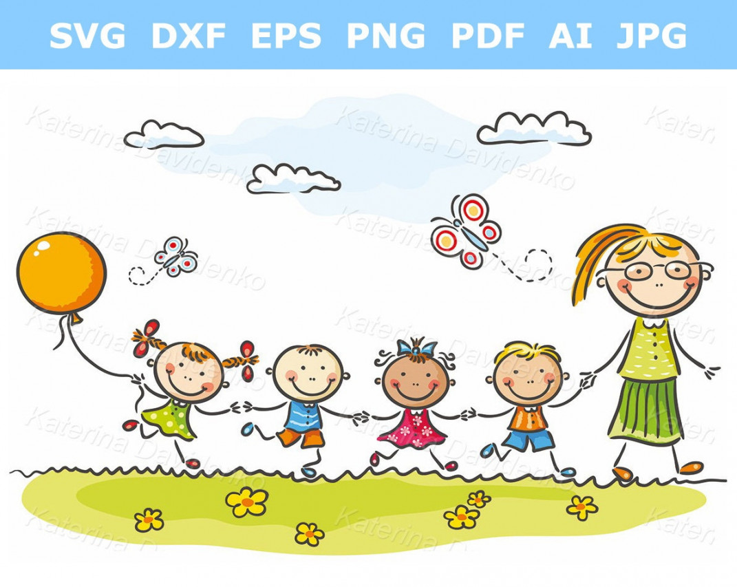 Kindergarten Clip Art - Glückliche Kinder und ihre Lehrerin auf einem  Spaziergang - Bildung Clipart, Vorschul Clipart - pdf png svg Schule Clipart