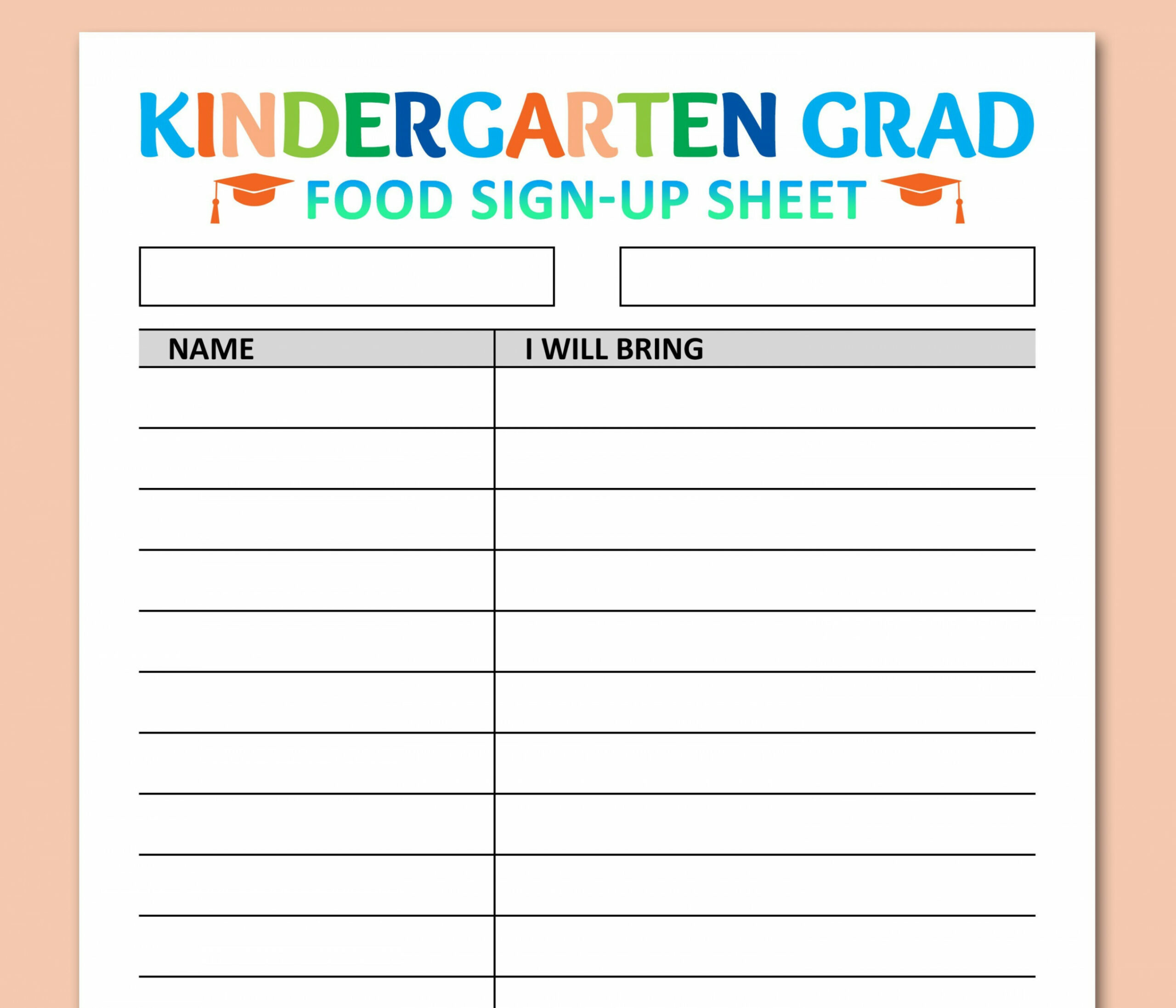 Kindergarten Graduation Food Potluck Sign up Sheet Printable