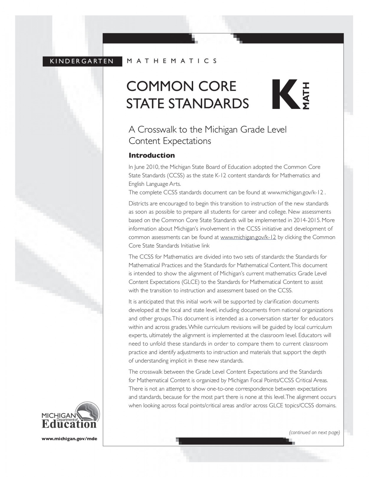 Kindergarten Mathematics Common Core Standards - Michigan - Flip