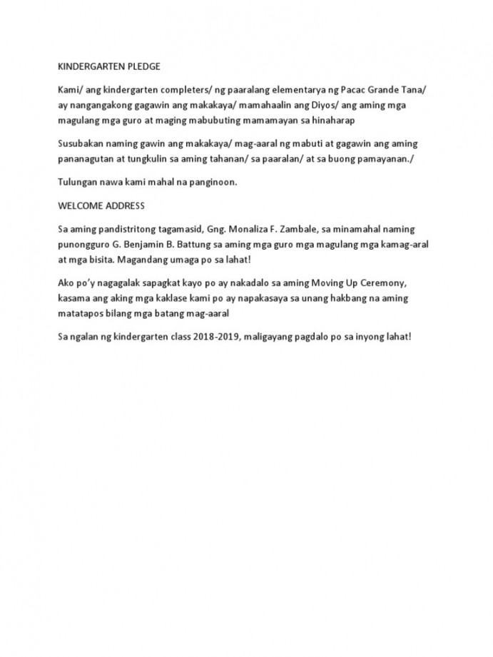 Kindergarten Pledge and Welcome Address Tagalog  PDF