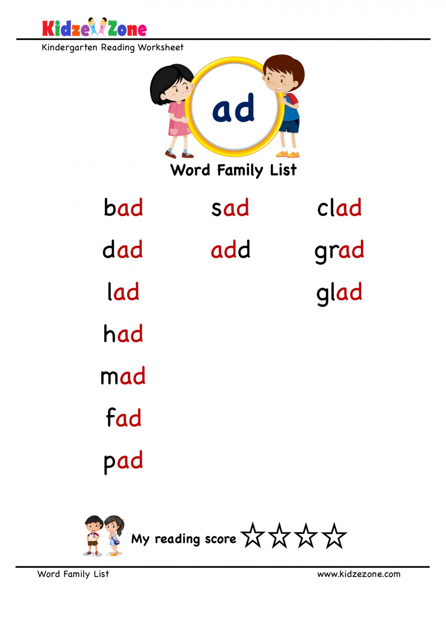 Learn words from the "ad" word family with a word list worksheet