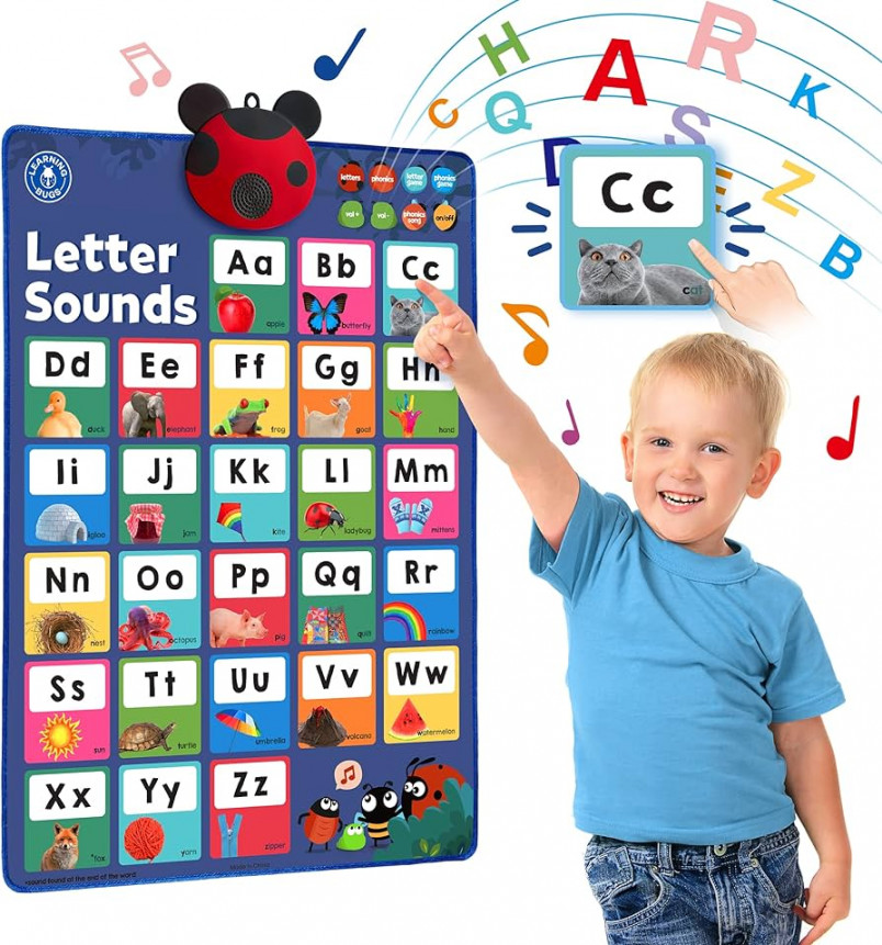 LEARNING BUGS Press to Learn Phonics, Interactive Letters and Sounds  Talking Poster, Preschool & Kindergarten Learn to Read, Ages +