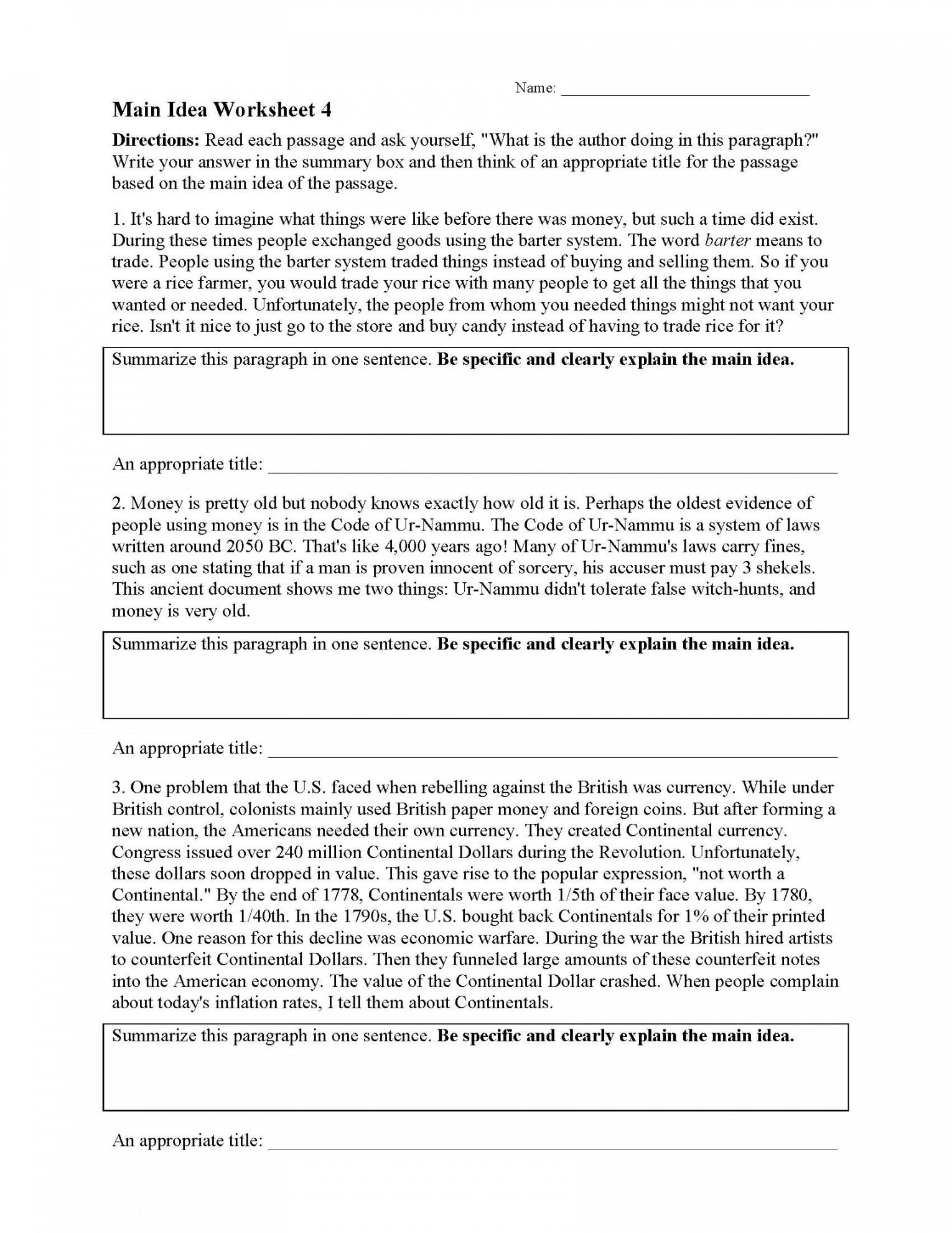 Main Idea Worksheets  Ereading Worksheets