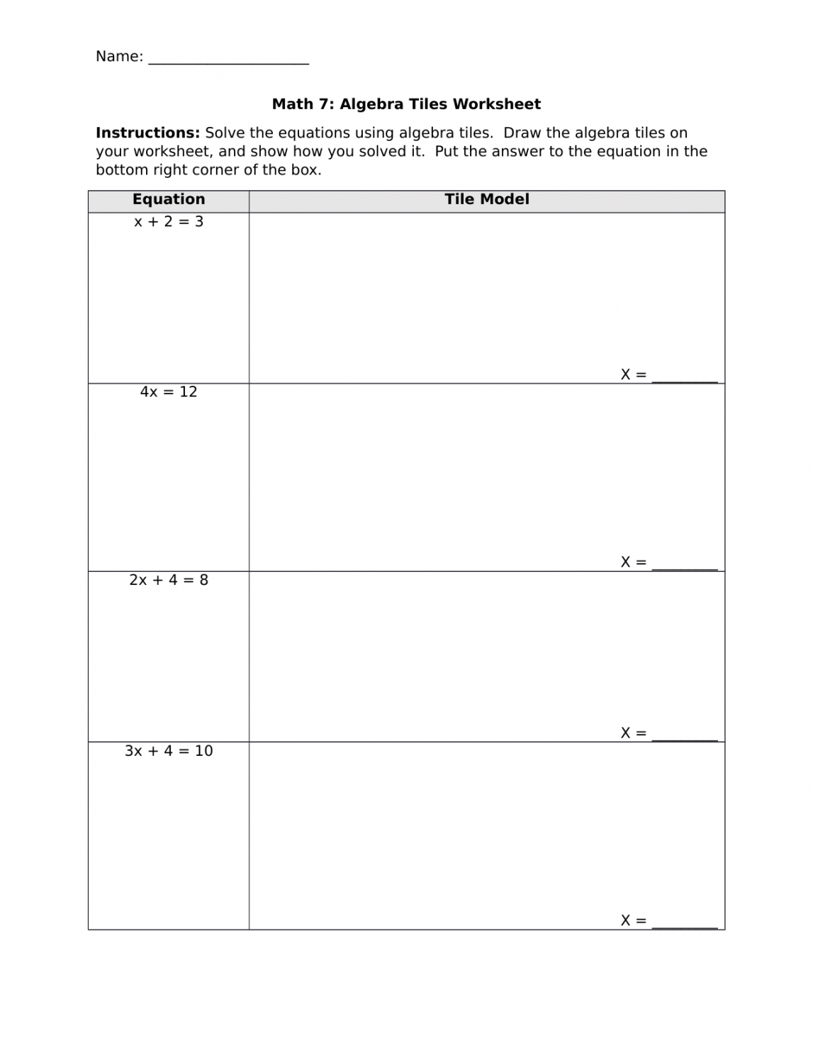 Math  Algebra Tiles Worksheet by vnickel · Ninja Plans