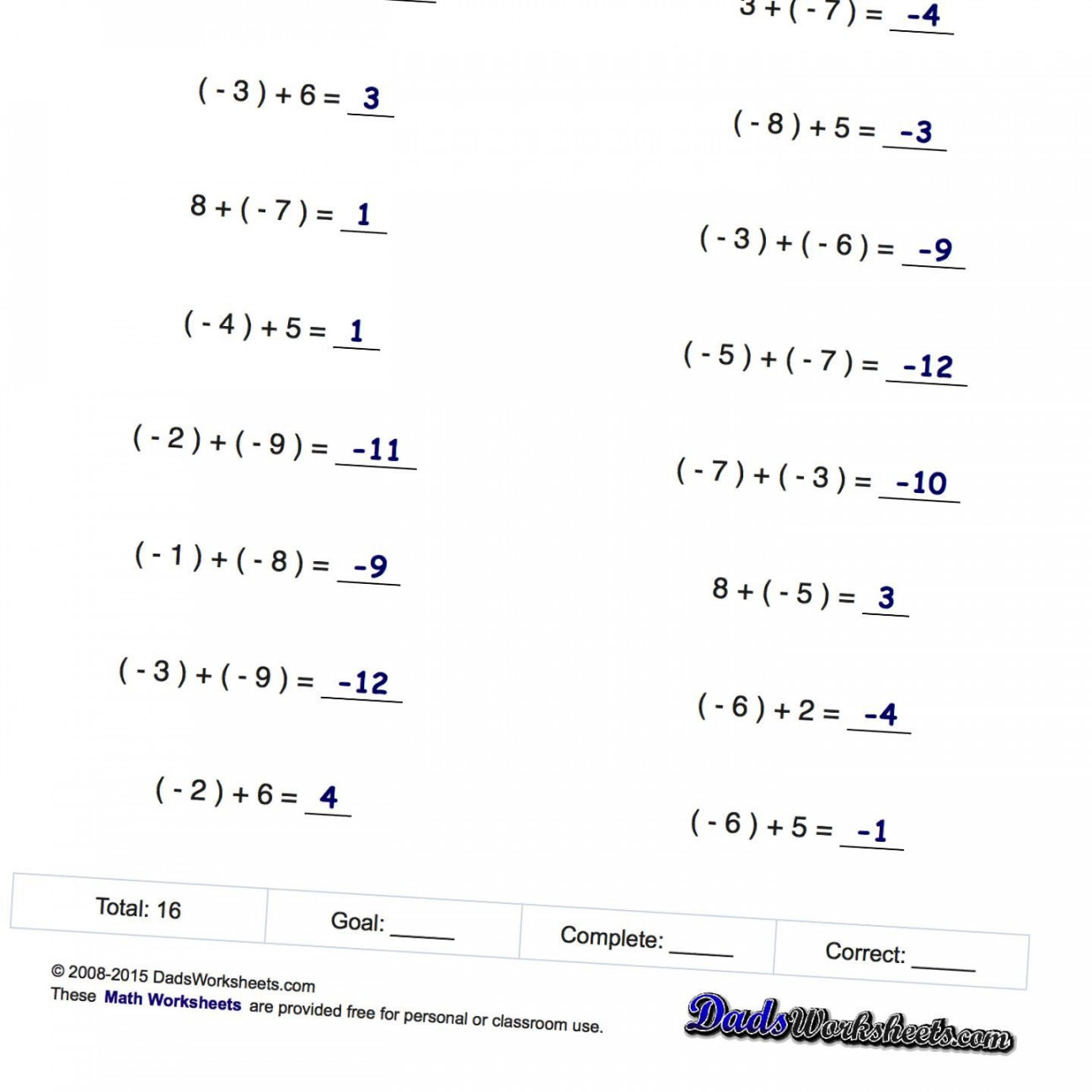 Math Worksheets: Negative Numbers  Fractions worksheets, Negative