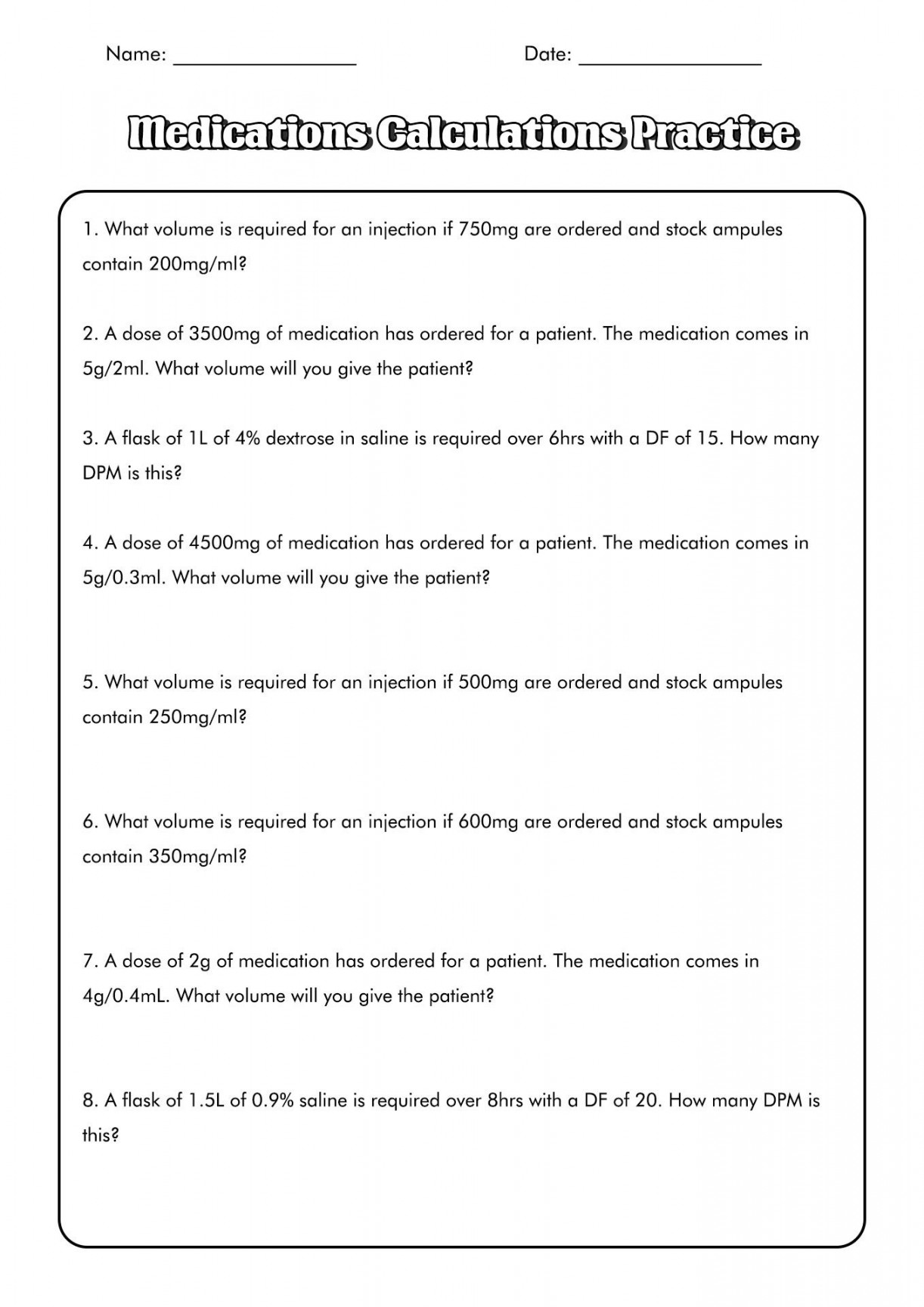 Med Math Worksheets  Dosage calculations, Nursing math, Math