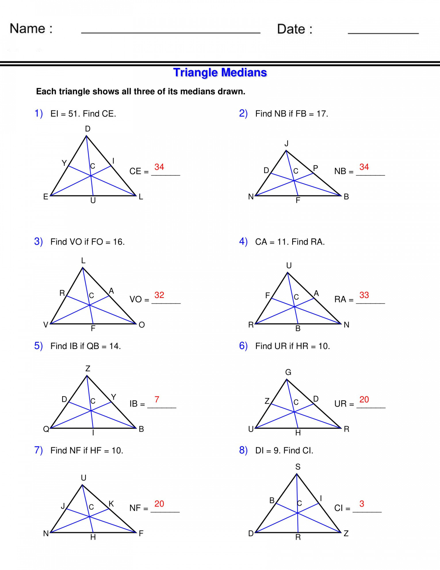 Medians of Triangles - Triangle Worksheets