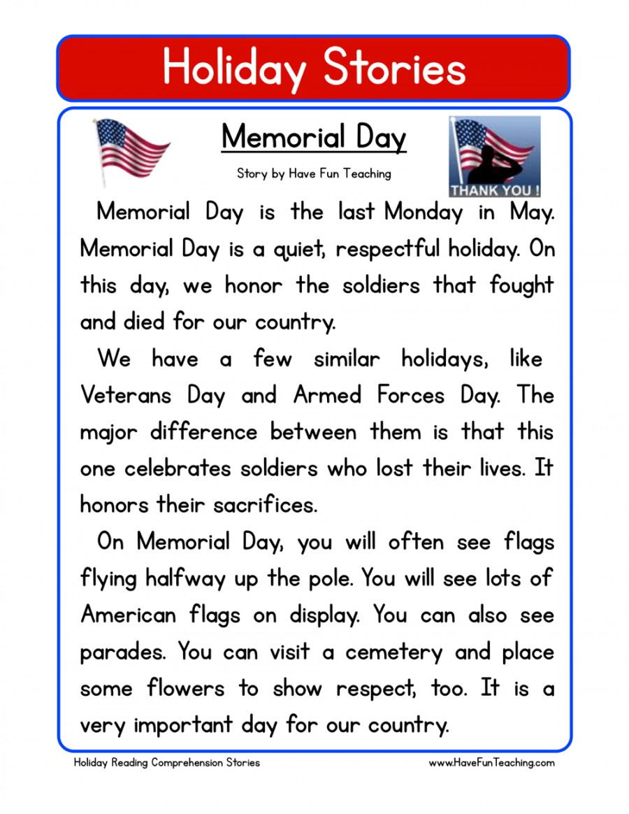 Memorial Day Reading Comprehension Worksheet by Teach Simple