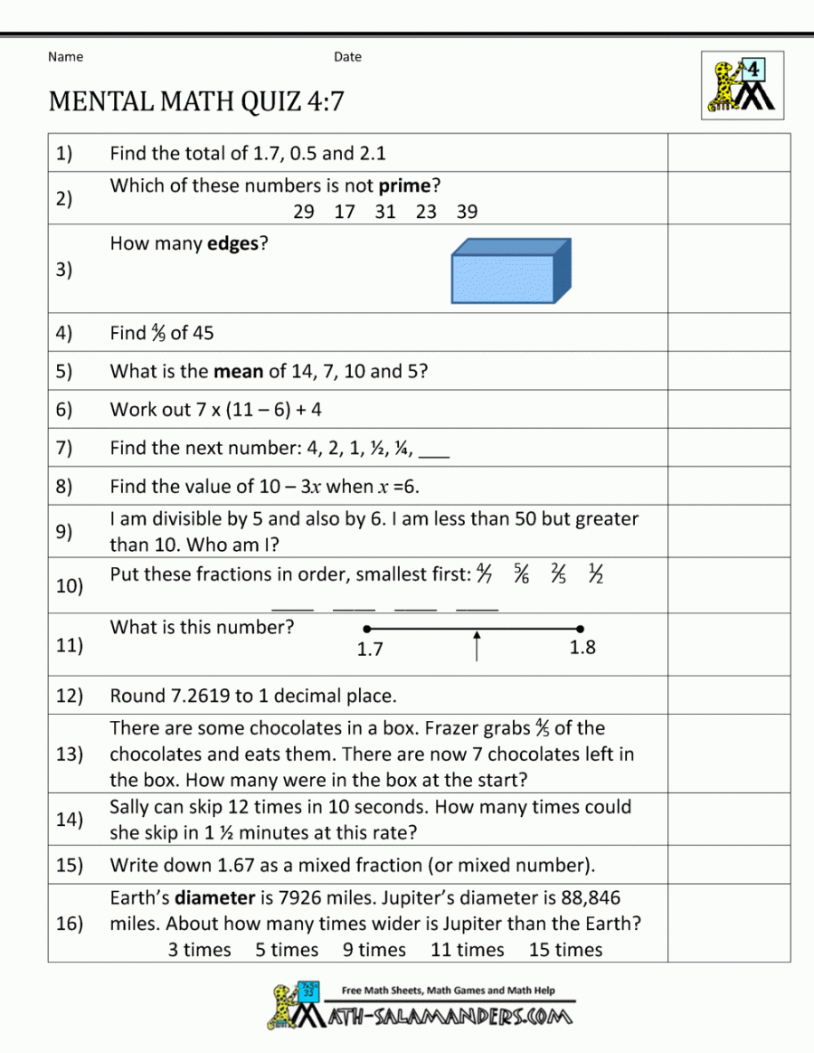 Mental Math th Grade