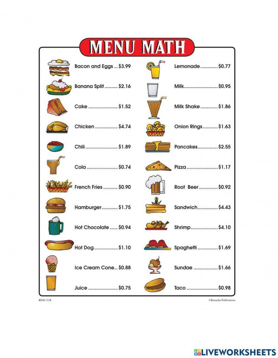 Menu math worksheet  Live Worksheets