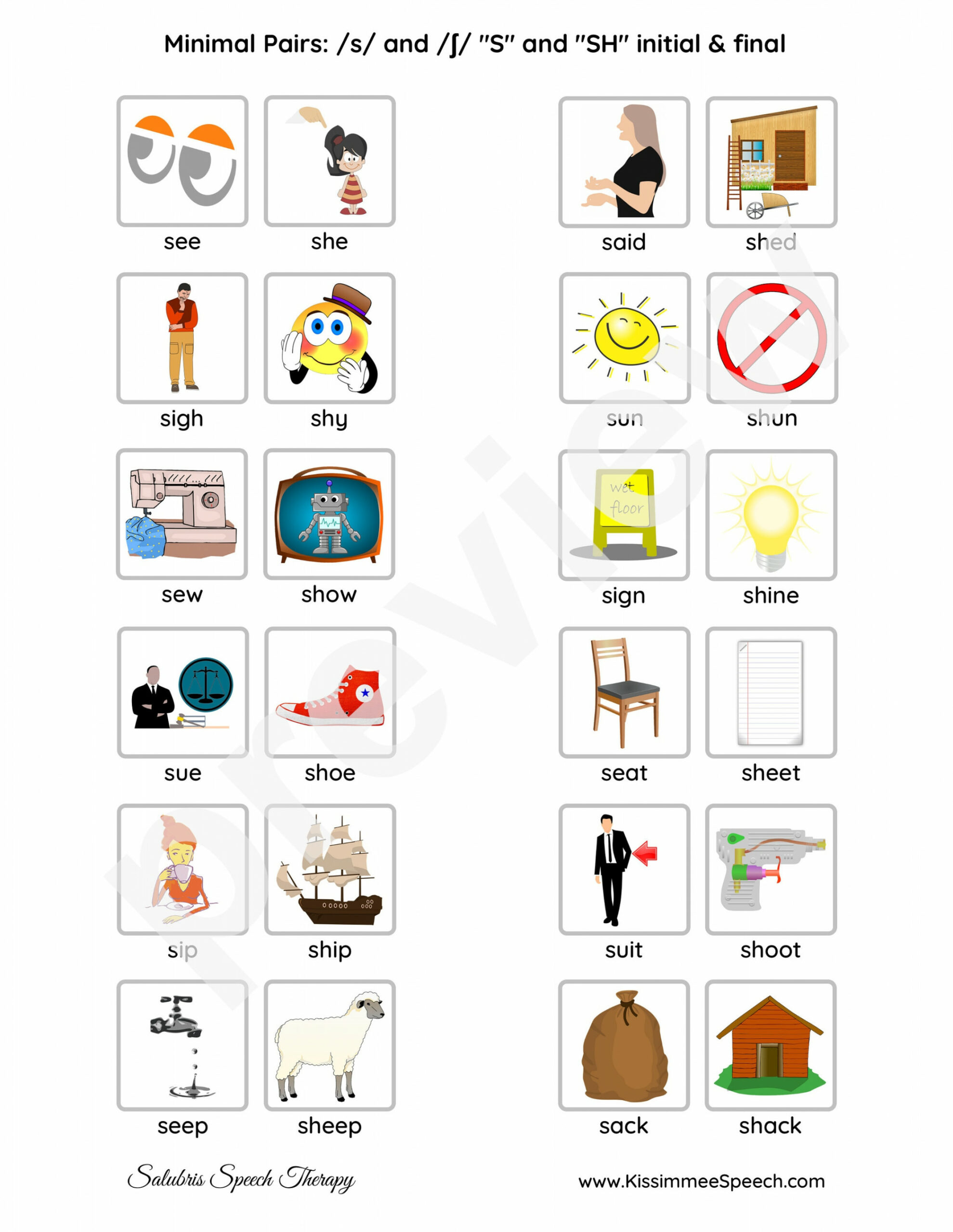 Minimal Pairs for s and sh Phonemes for Speech Therapy Practice