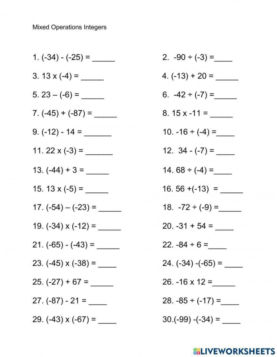 Mixed Operations Integers worksheet  Live Worksheets