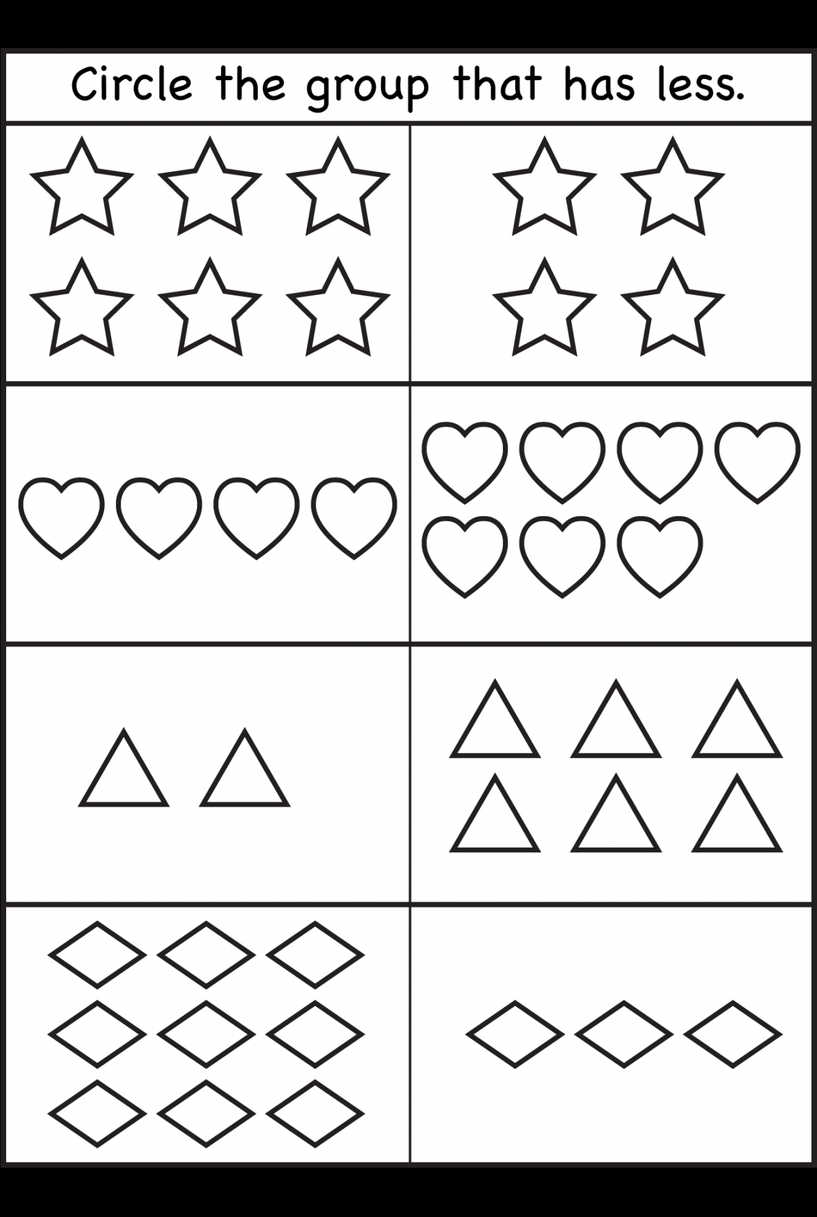 more or less  Preschool math worksheets, Kindergarten math