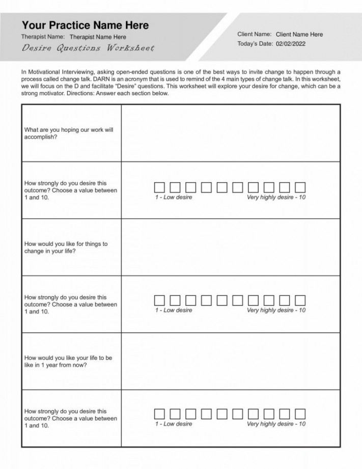 Motivational Interviewing Desire Questions Worksheet (Editable, Fillable,  Printable PDF)