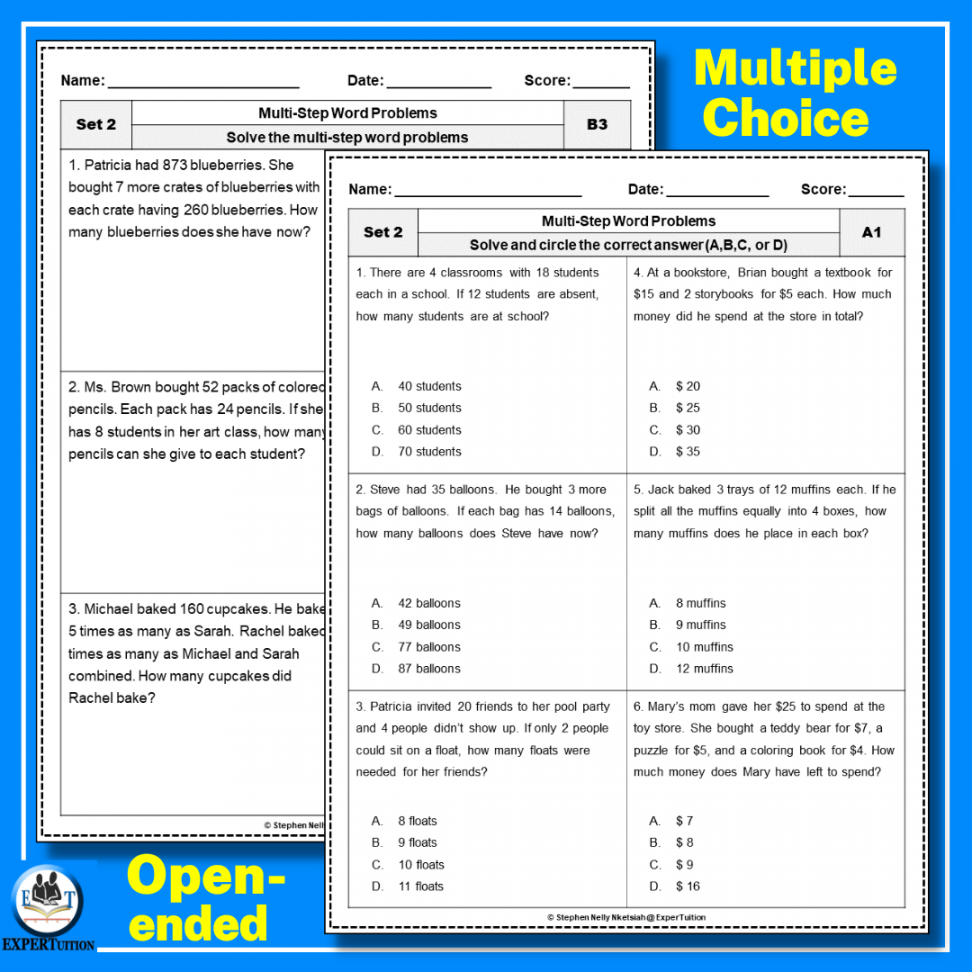 Multiple-step Word Problems Worksheets  Addition Subtraction  Multiplication and Division - Set