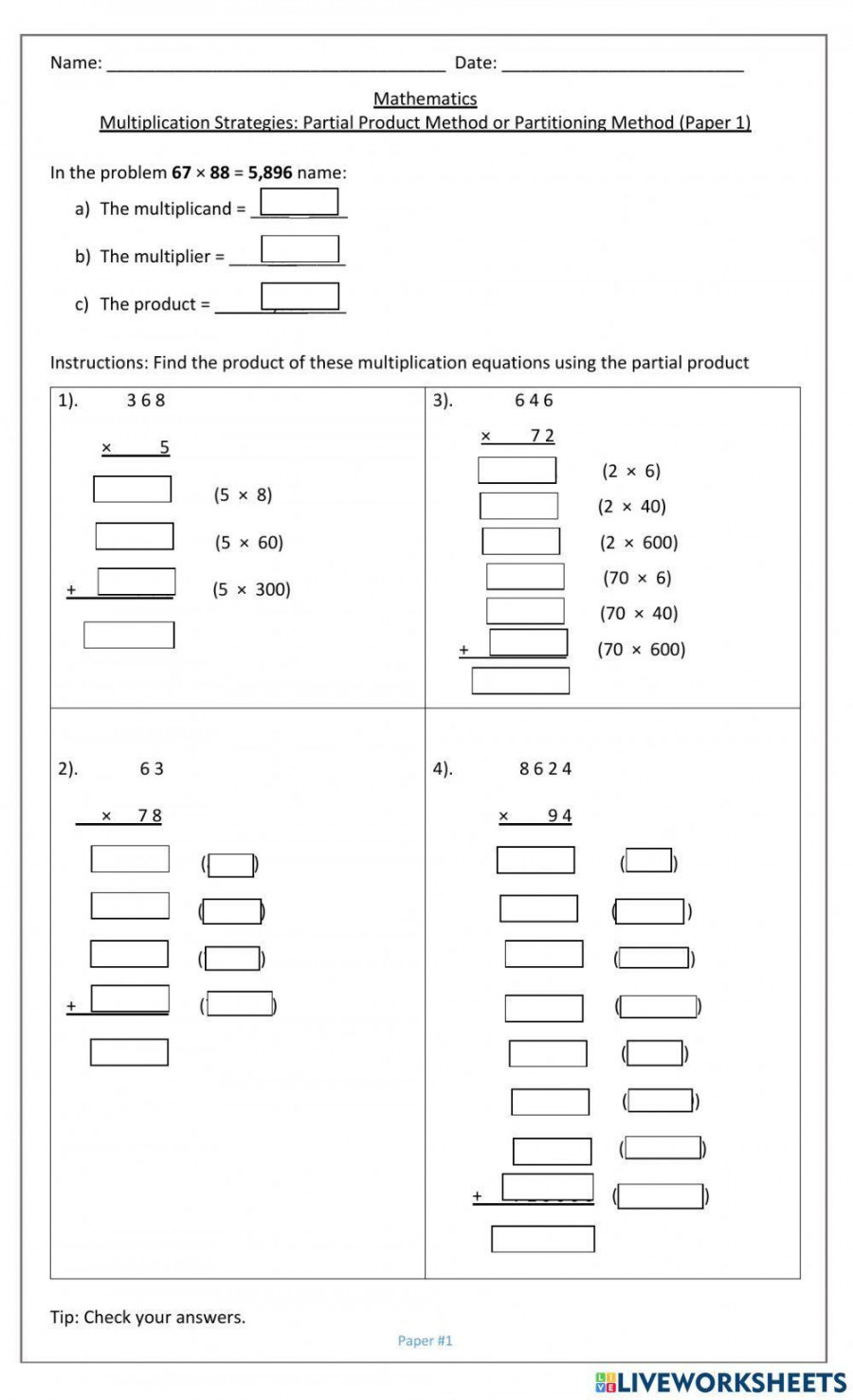 Multiplication Strategies: Partial Products (Part A) worksheet