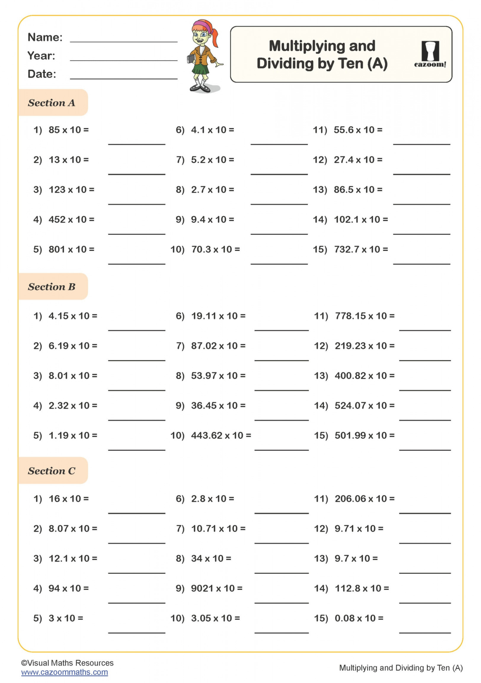 Multiply and Divide by Ten (A) Worksheet  PDF printable Number