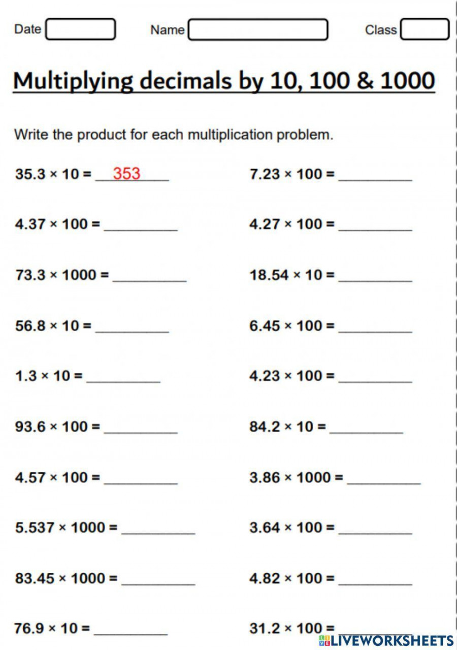 Multiply decimals with , 0, 00 worksheet  Live Worksheets