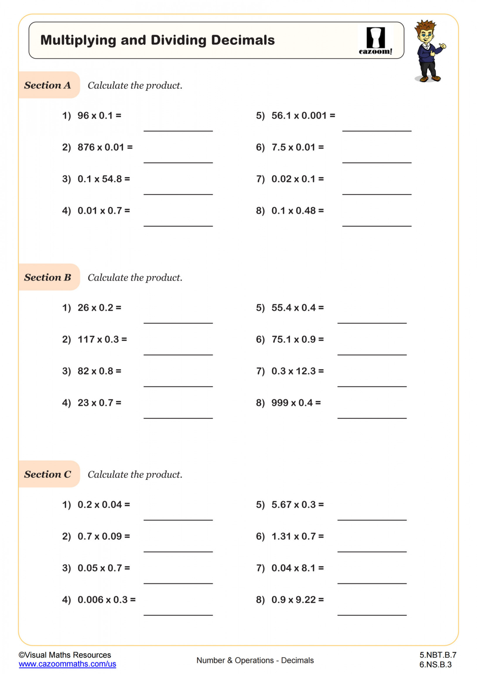 Multiplying and Dividing Decimals Worksheet  th Grade PDF Worksheets