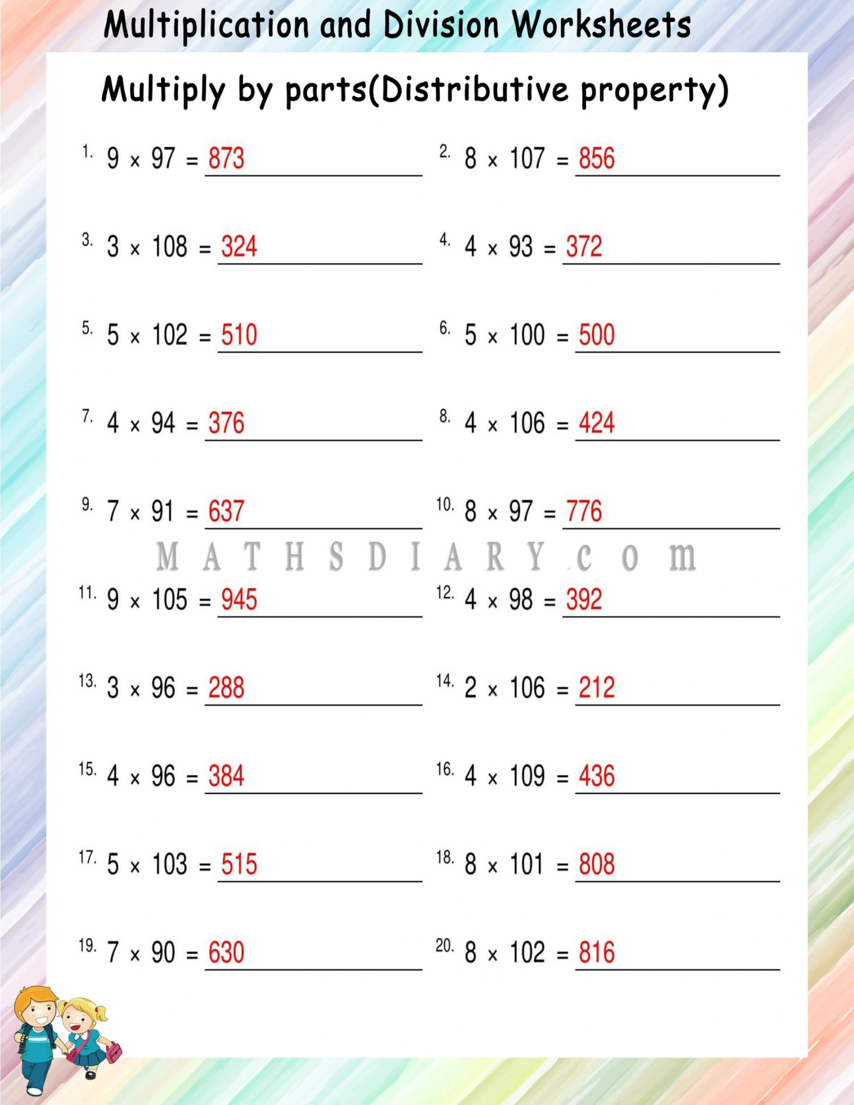 Multiplying By Parts(Distributive Property) worksheets - Math