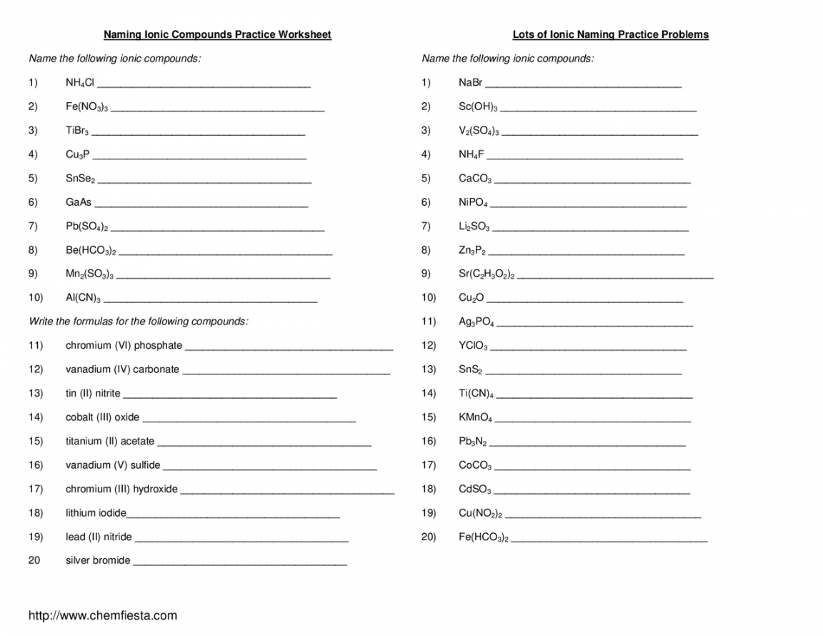 Naming Ionic Compounds Practice Worksheet  Exercises Chemistry