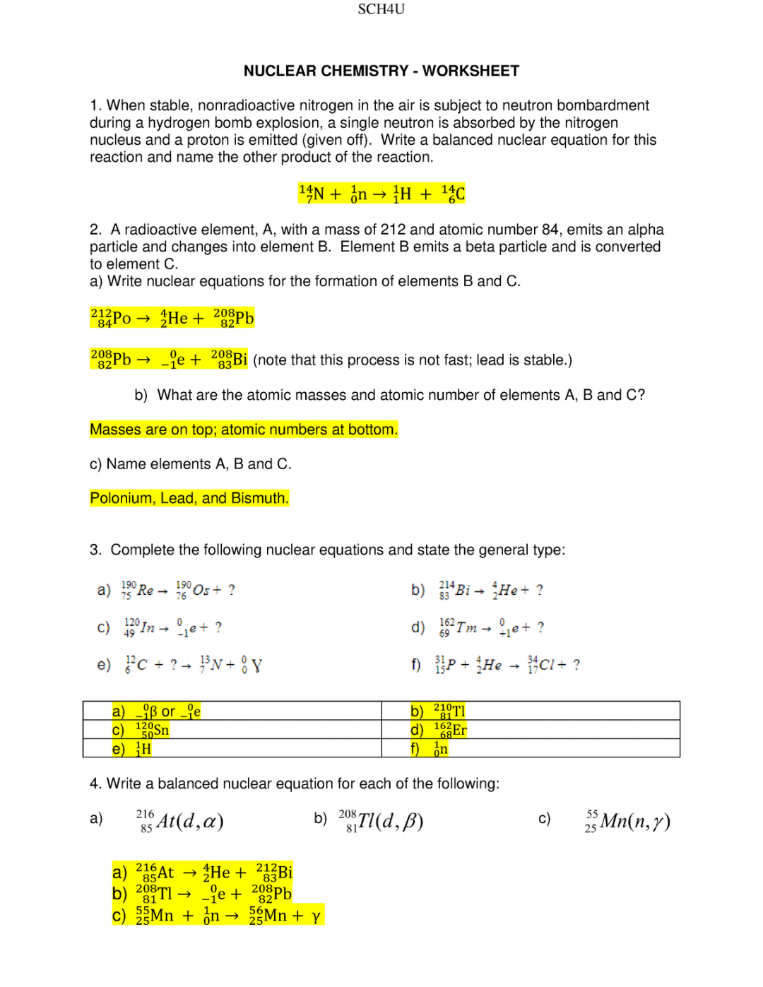 Nuclear Chemistry Worksheet Answer KEY - SCHU NUCLEAR CHEMISTRY