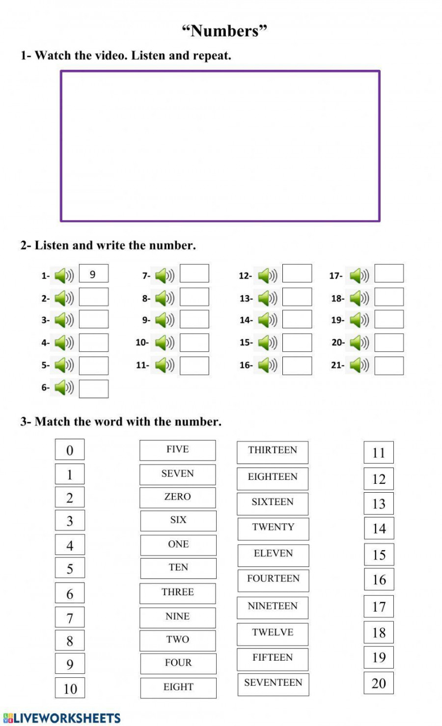 Numbers from  to 2 worksheet  Live Worksheets