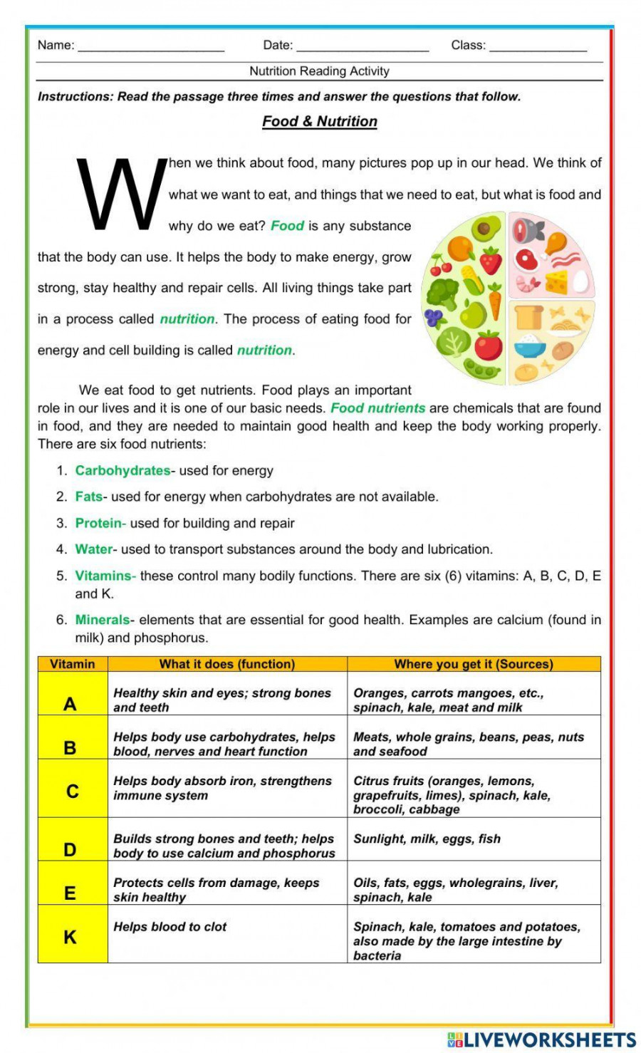 Nutrition, Vitamins and Minerals worksheet  Live Worksheets