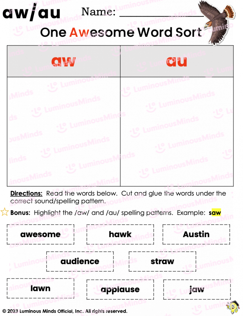 One Awesome Word Search - Phonics Activity Word Sort with AW and AU