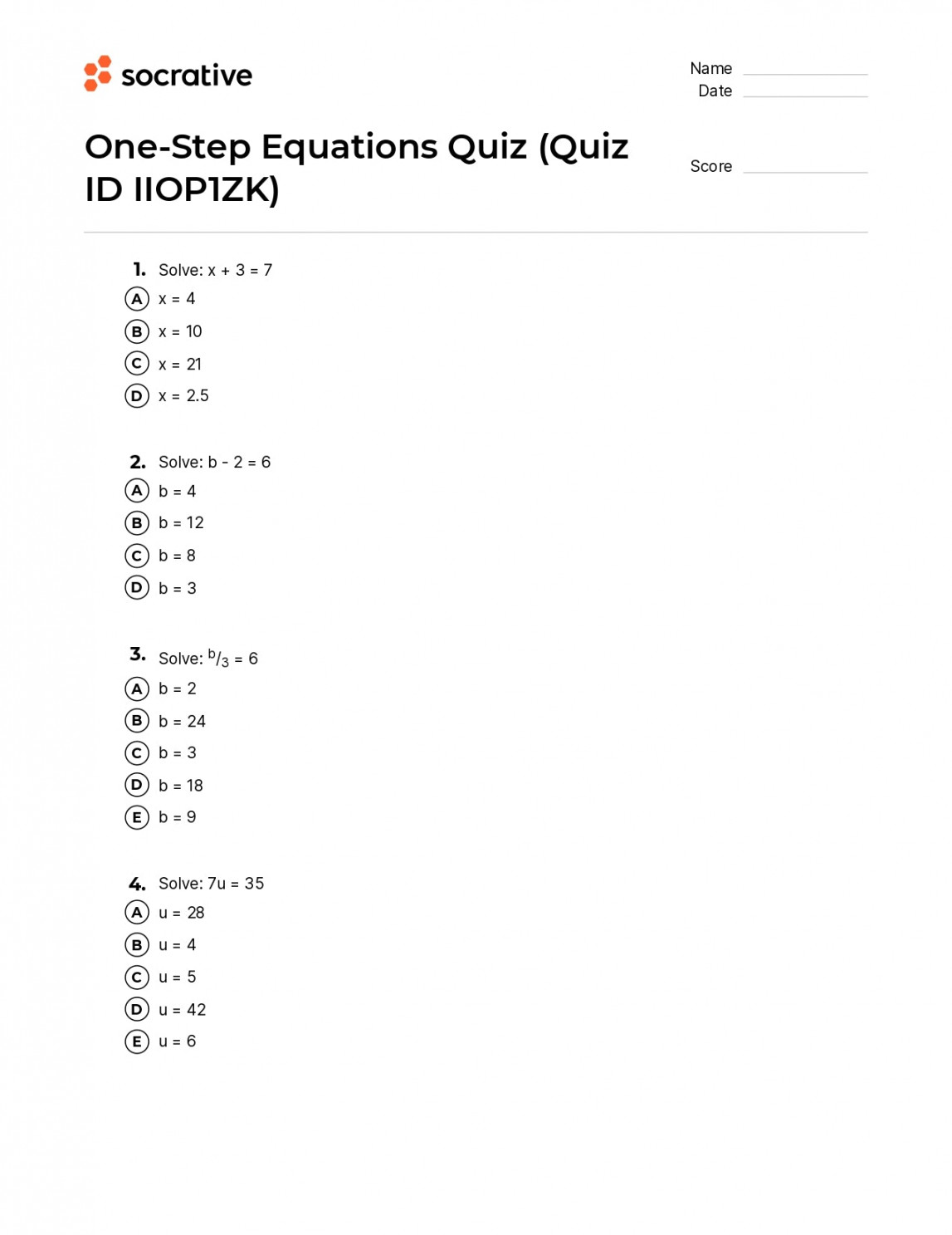 One-Step Equations Quiz – Quiz Shop