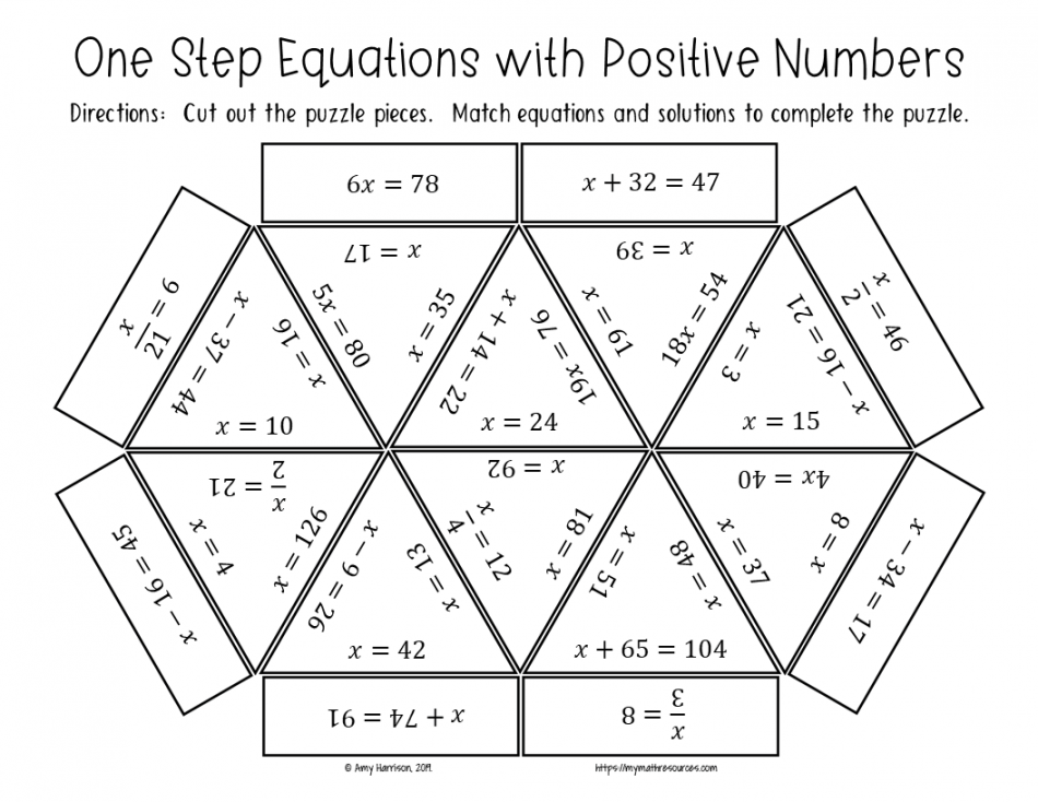 One Step Equations with Positive Numbers Triangle Puzzle