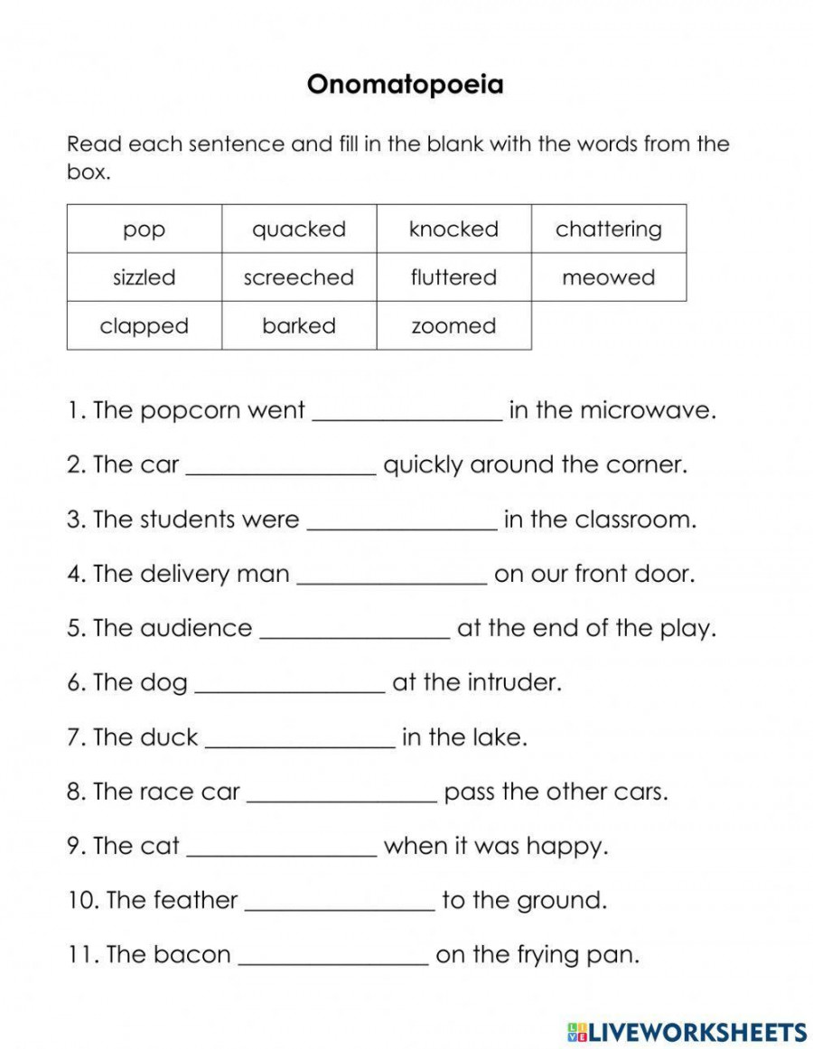 Onomatopoeia and Alliteration worksheet  Live Worksheets