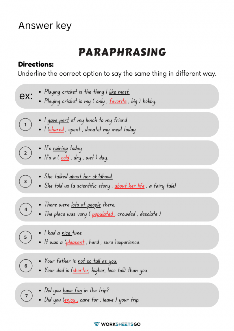 Paraphrasing Worksheets  WorksheetsGO