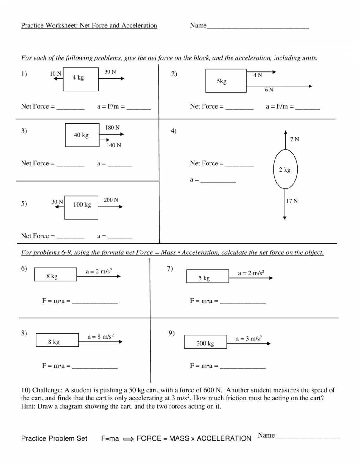 Practice Worksheet: Net Forces and Acceleration  Study Guides