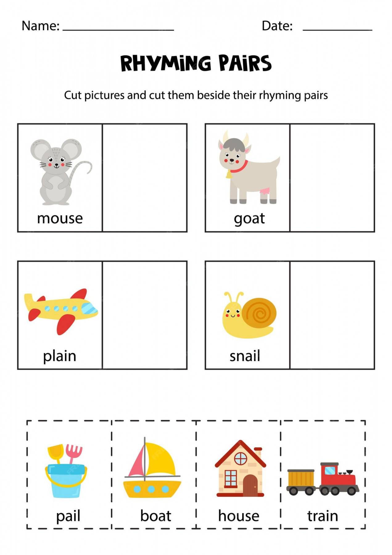 Premium Vector  Find rhyming pairs educational worksheet cut and