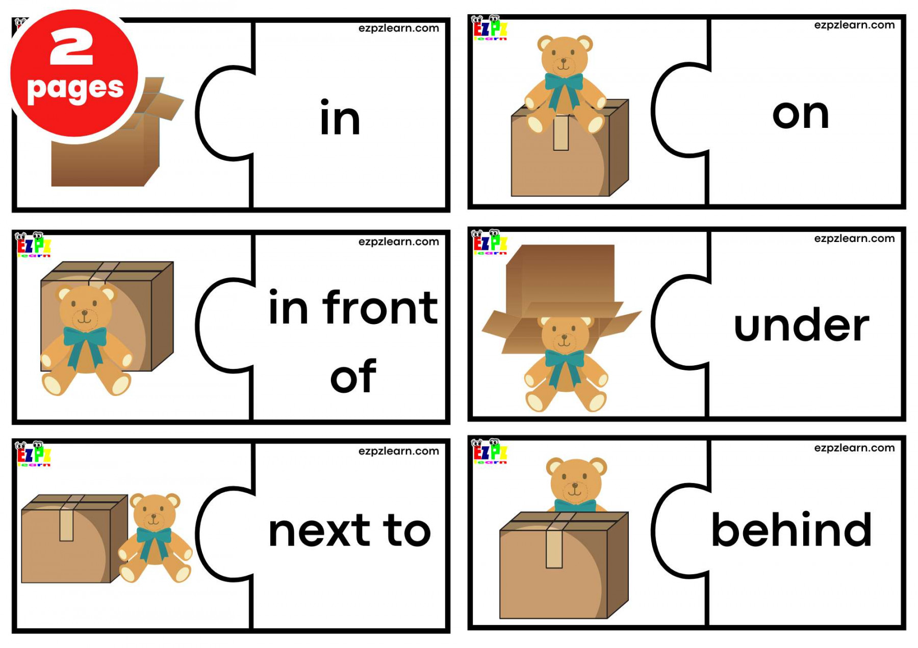 Prepositions Puzzle Match Game. Large Size  Words per page